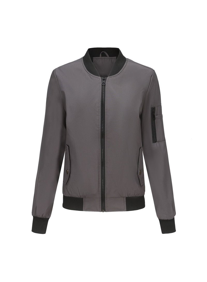 Loquat 2023 Women's Spring and Autumn New Thin Flight Jacket Loose Standing Neck Baseball Jersey Grey  - Image 1