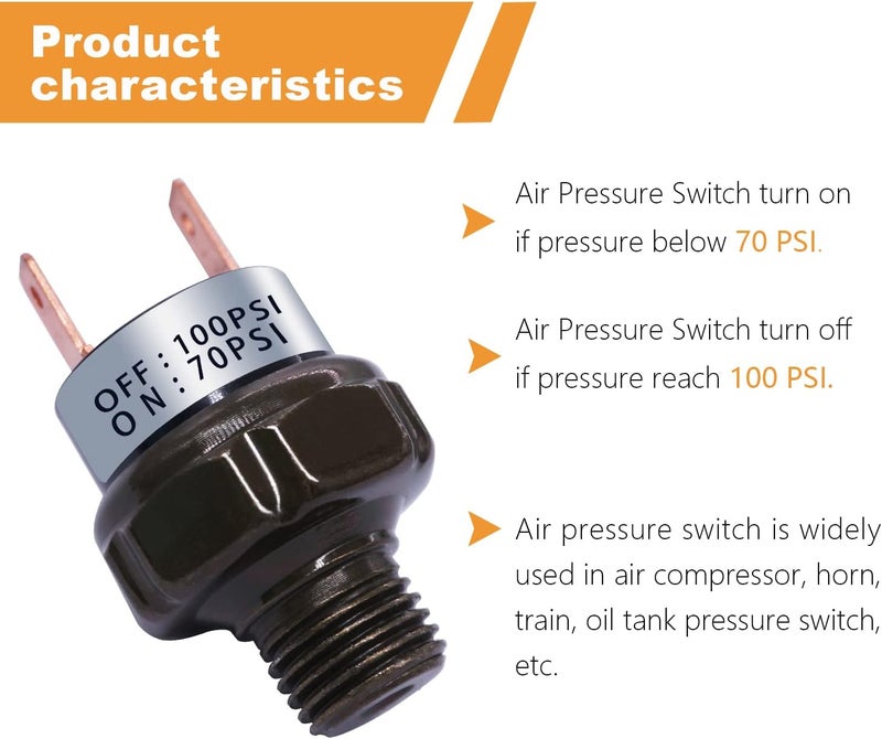 mankk Air Pressure Switch 70-100 PSI Thread 1/8" NPT 24V 12V DC Air Compressor Pressure Switch for Air Horn Train 70-100-1/8" NPT-BK - Image 4