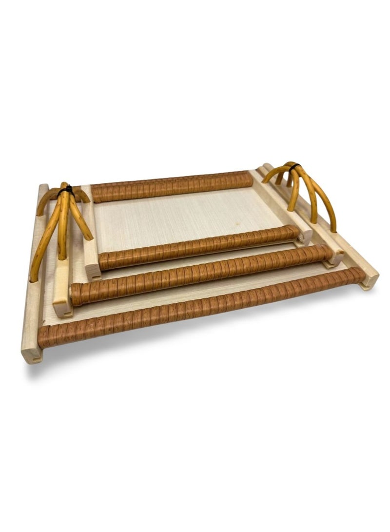 Handcrafted Wooden Serving Tray Set with Woven Handles – Set of 3 - Image 2