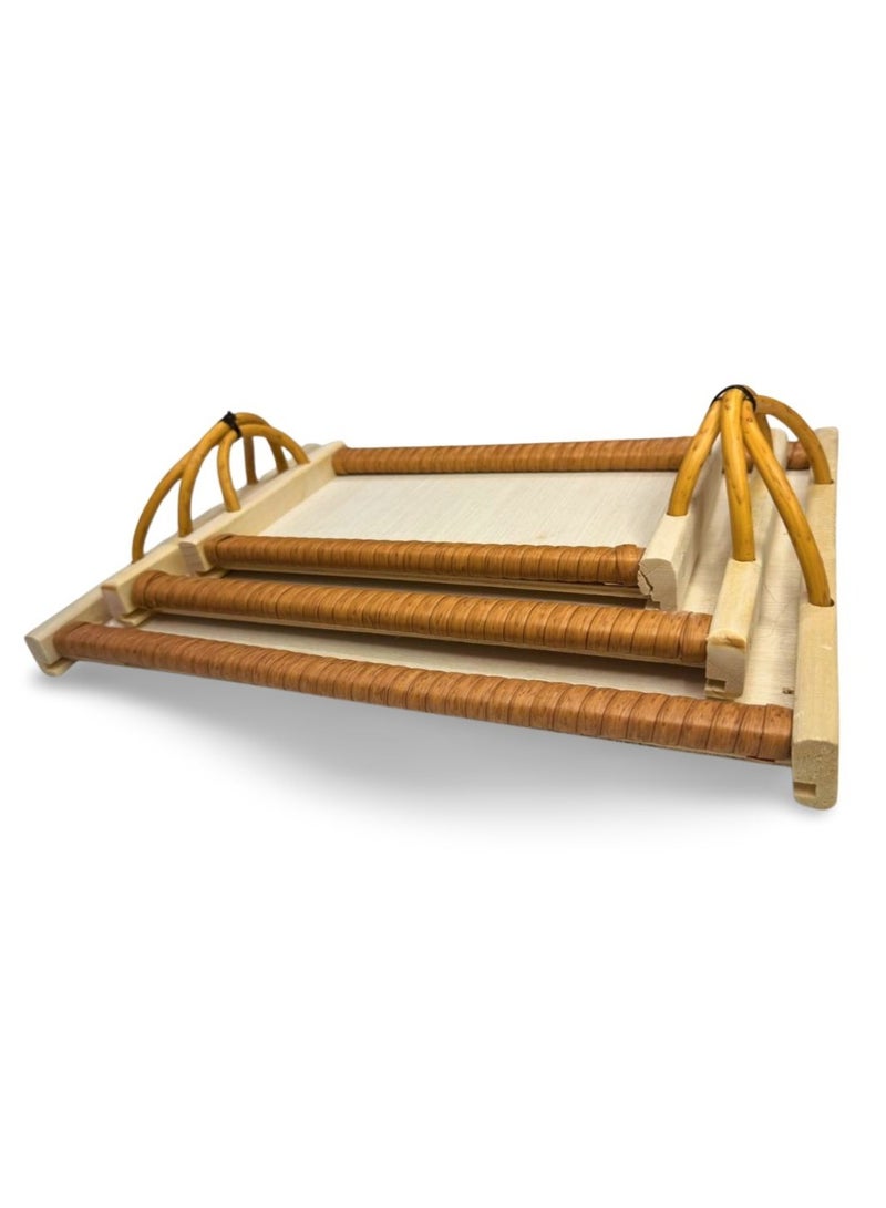 Handcrafted Wooden Serving Tray Set with Woven Handles – Set of 3 - Image 1