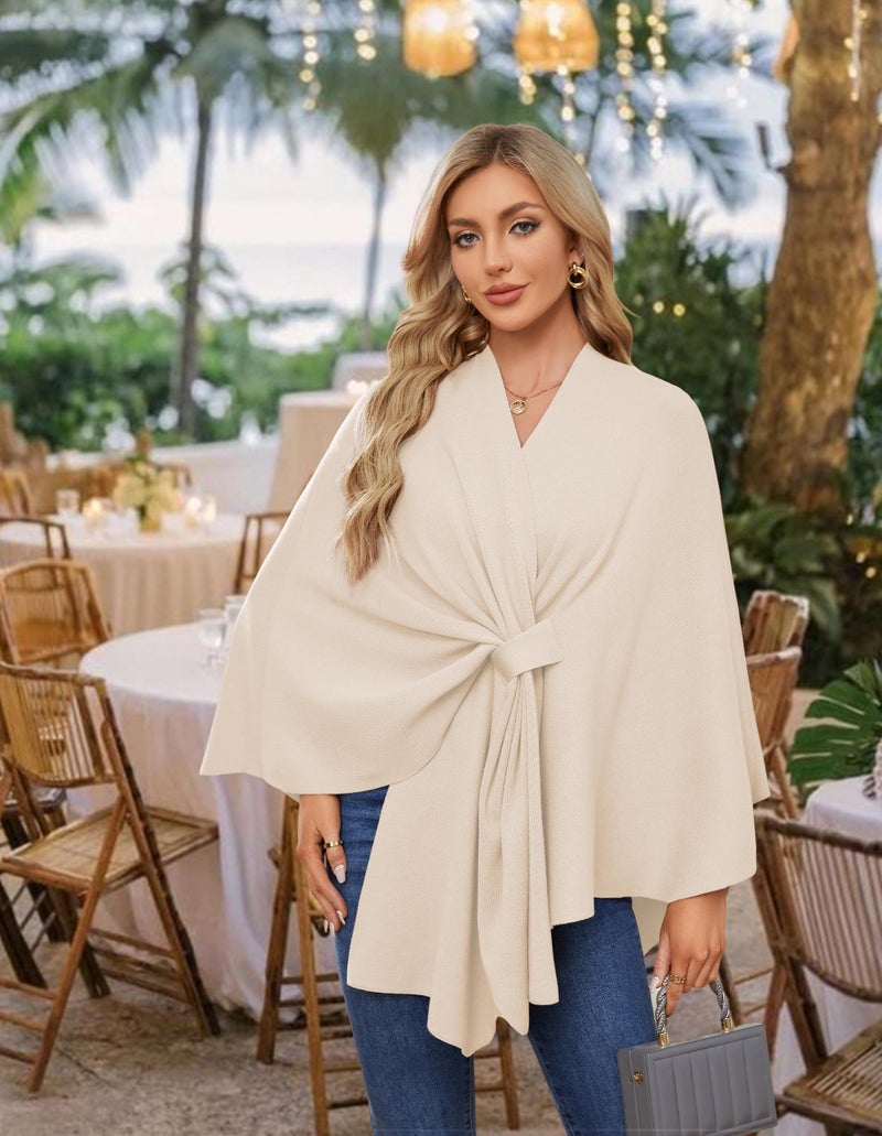 PULI Women's Elegant Shawl Wraps Soft Open Front Poncho Sweater for Spring Fall Winter beige - Image 3