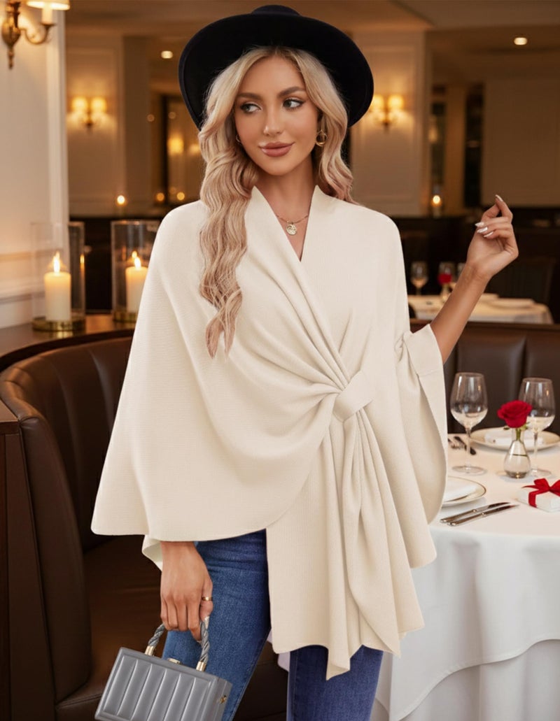 PULI Women's Elegant Shawl Wraps Soft Open Front Poncho Sweater for Spring Fall Winter beige - Image 2