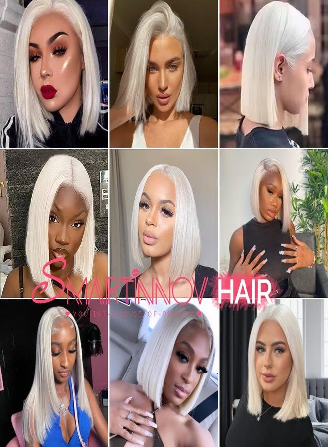 Smartinnov Glueless White Blonde Bob Wigs Human Hair HD Transparent 13x6 Lace Frontal Bob for Women 12 Inch Undetectable Real HD Lace Platinum White Blonde Human Hair 180% Density Pre plucked with Baby Hair - Image 5