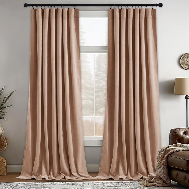 StangH Blush Beige Velvet Curtains 102 inches Long Nursery Bedroom Room Darkening Sliding Door Panels Thermal Insulated Thick Privacy Drapes for Living Room W52 x L102 2 Panels