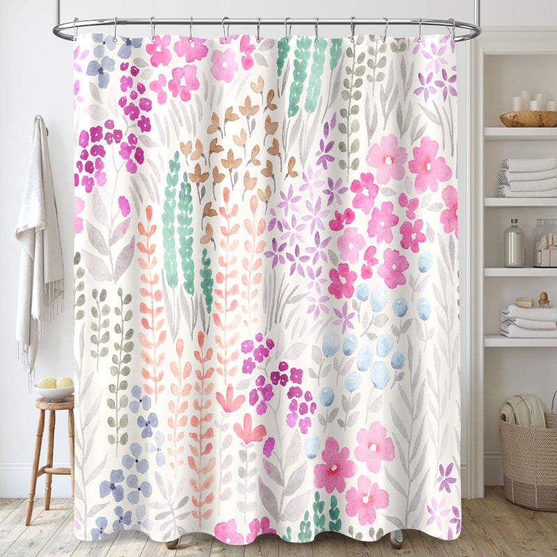 MAYZUS Long Shower Curtain 72 x 78 Inch  Tall Cute Floral Shower Curtain for Bathroom  Hot Pink Wildflower Boho Cottagecore Fabric Shower Curtain Set with Hooks - Image 1