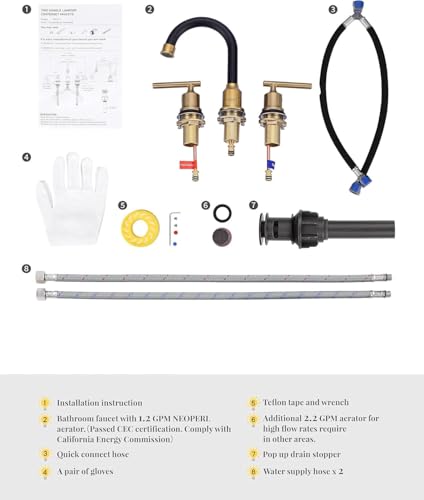 WOWOW 3 Hole Bathroom Faucet Widespread Bathroom Sink Faucet with Pop Up Drain Stopper Vanity Faucet 2 Handle Basin Taps Black and Gold Mixer Tap with Supply Hoses - Image 5