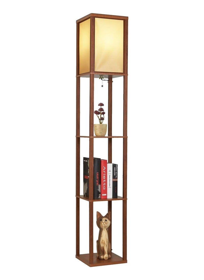 Dubkart - LED Shelf Floor Lamp -Asian Wooden Frame-Tall Lights with Organizer Storage Display Shelves-Modern Standing Lamps for Living Room Bedroom (Brown) - Image 1