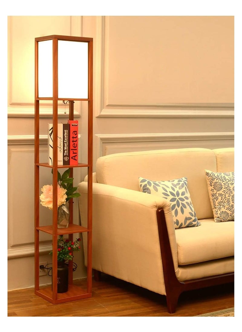 Dubkart - LED Shelf Floor Lamp -Asian Wooden Frame-Tall Lights with Organizer Storage Display Shelves-Modern Standing Lamps for Living Room Bedroom (Brown) - Image 1