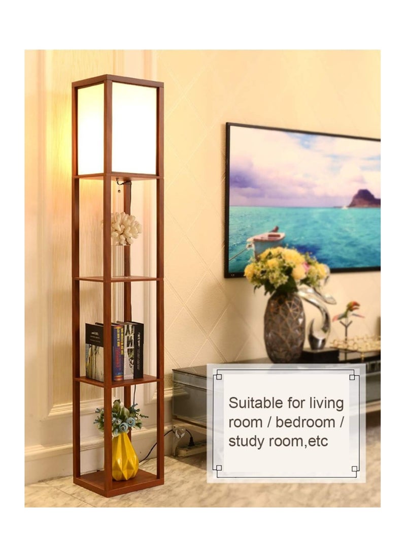 Dubkart - LED Shelf Floor Lamp -Asian Wooden Frame-Tall Lights with Organizer Storage Display Shelves-Modern Standing Lamps for Living Room Bedroom (Brown) - Image 1
