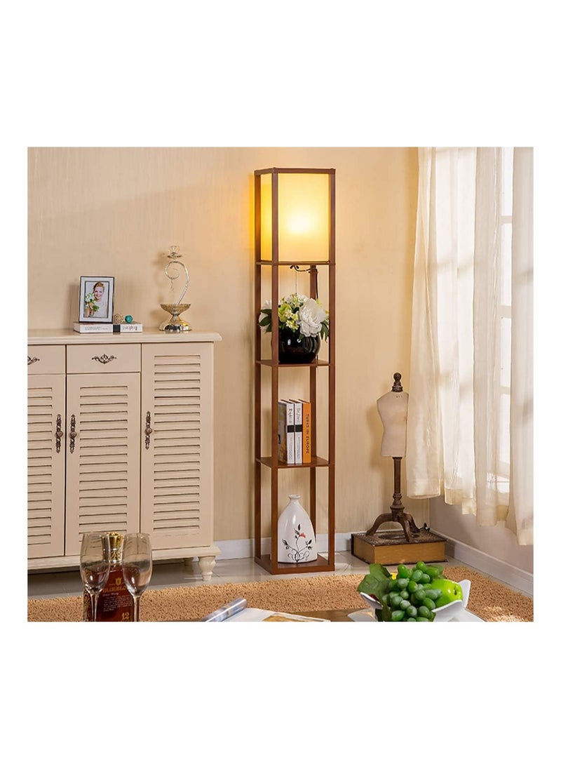 Dubkart - LED Shelf Floor Lamp -Asian Wooden Frame-Tall Lights with Organizer Storage Display Shelves-Modern Standing Lamps for Living Room Bedroom (Brown) - Image 1