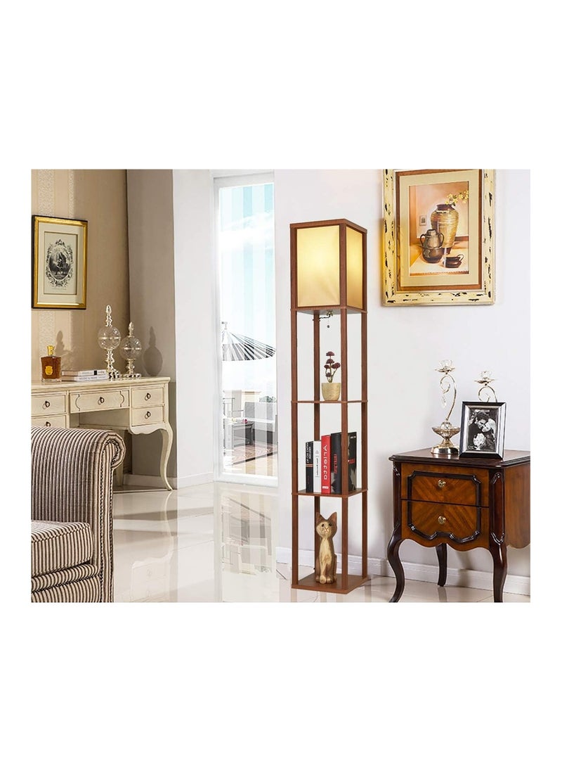 Dubkart - LED Shelf Floor Lamp -Asian Wooden Frame-Tall Lights with Organizer Storage Display Shelves-Modern Standing Lamps for Living Room Bedroom (Brown) - Image 1