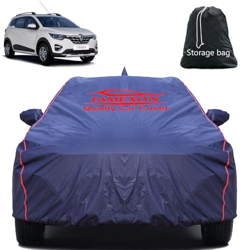 FAMEXON Waterproof Car Body Cover Compatible for Triber Triple Layer Inner Fabric with Mirror Pockets and Pipein Design Protects from Animals, Heat, Rain & UV Rays (Undark Blue) - Image 1