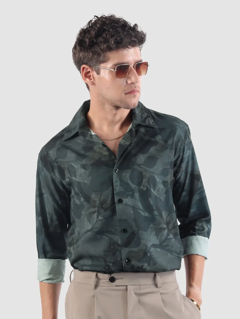 Beyoung Grey Tropical Printed Viscose Shirt