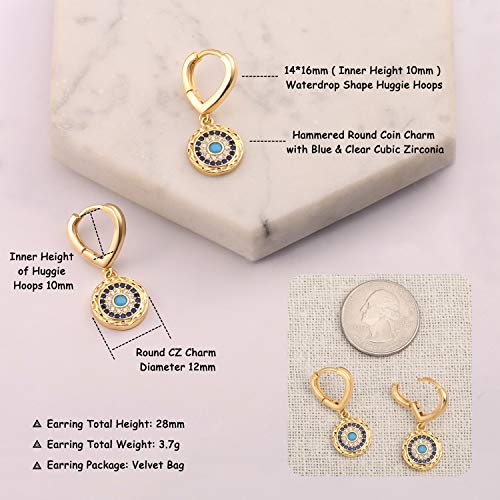 PEARLADA 18K Gold Round Evil Eye Dangle Hoop Earrings for Women Small Micro-inlaid Cubic Zirconia Charm Jewelry Fashion Hammered Coin Earrings - Image 5