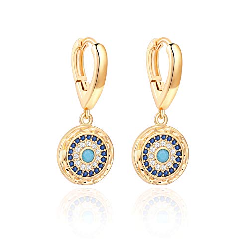 PEARLADA 18K Gold Round Evil Eye Dangle Hoop Earrings for Women Small Micro-inlaid Cubic Zirconia Charm Jewelry Fashion Hammered Coin Earrings - Image 1