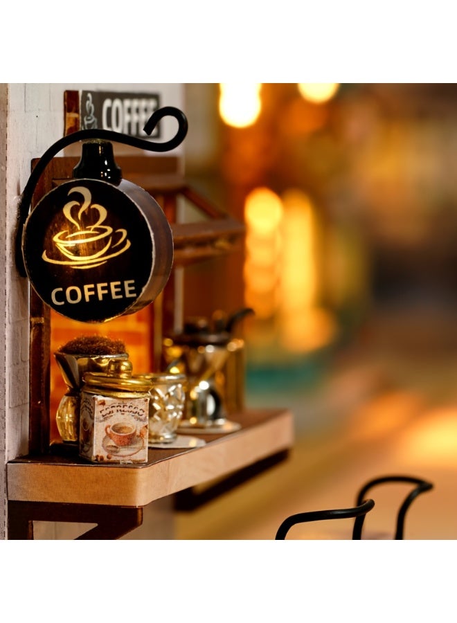 DIY Miniature Coffee Shop Model Kit - Wooden 3D Assembly Scene with Detailed Furniture, Perfect for Crafting Enthusiasts and Home Decor; Handcrafted Mini Dollhouse for Teens and Adults, Battery-Free & Glue-Free Design  - Image 5