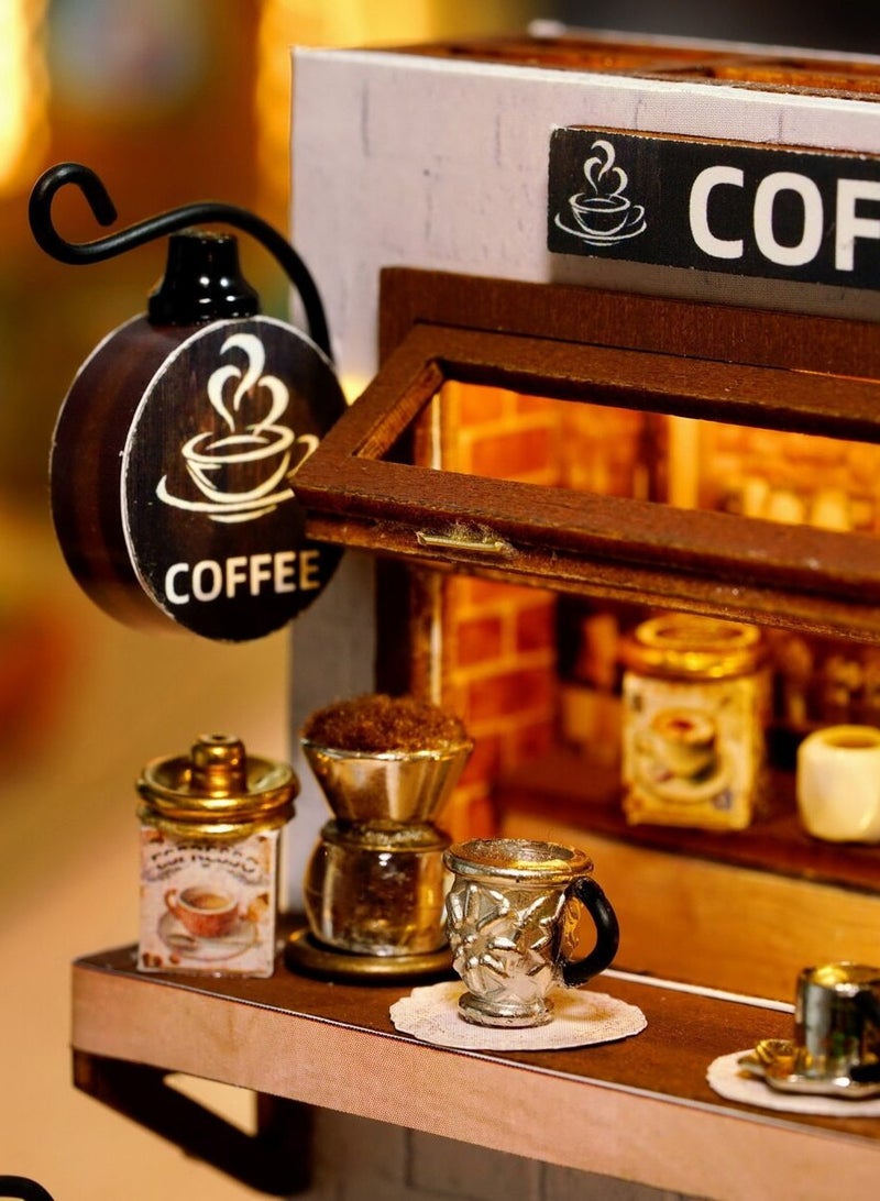 DIY Miniature Coffee Shop Model Kit - Wooden 3D Assembly Scene with Detailed Furniture, Perfect for Crafting Enthusiasts and Home Decor; Handcrafted Mini Dollhouse for Teens and Adults, Battery-Free & Glue-Free Design  - Image 4