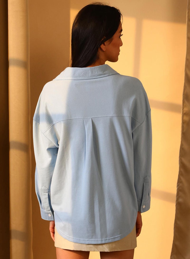 Campus Sutra Women's Icy Blue Solid Boxy Shirt For Casual Wear | Spread Collar | Long Sleeve | Button Closure | Shirt Designed With Comfortable Fit For Woman & Girls - Image 5
