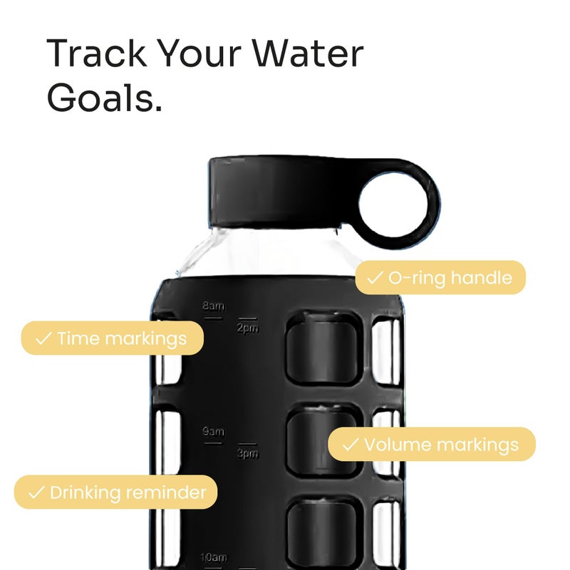 purifyou 40oz / 32oz / 22oz / 12oz Borosilicate Glass Water Bottle with Time & Volume Markers, Silicone Sleeve, Stainless Steel Lid | Reusable Glass Bottle for Water & Juice (32oz Jet Black) - Image 3