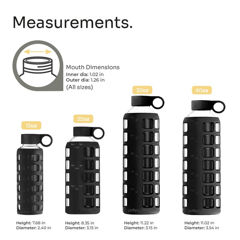 purifyou 40oz / 32oz / 22oz / 12oz Borosilicate Glass Water Bottle with Time & Volume Markers, Silicone Sleeve, Stainless Steel Lid | Reusable Glass Bottle for Water & Juice (32oz Jet Black) - Image 2