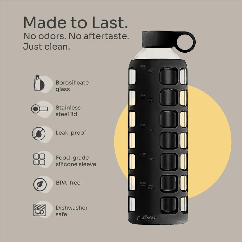 purifyou 40oz / 32oz / 22oz / 12oz Borosilicate Glass Water Bottle with Time & Volume Markers, Silicone Sleeve, Stainless Steel Lid | Reusable Glass Bottle for Water & Juice (32oz Jet Black) - Image 4