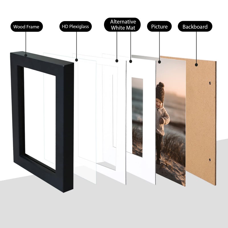 KINLINK A4 Picture Frame  Black Solid Wood Frames with Acrylic Plexiglass for Pictures A5 with Mat or A4 without Mat  Tabletop and Wall Mounting Display 4 Pack - Image 2