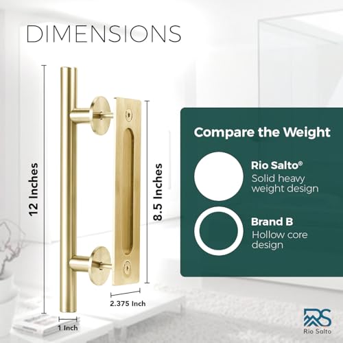 Rio Salto 12-Inch Brushed Brass Gold Barn Door Handle Kit, Closet Door Handle Solid Aluminun, Pull Handle and Flush Handle Set, Heavy Duty Large Sliding Door Handles (2-Door Pack) - Image 5