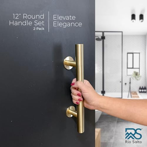 Rio Salto 12-Inch Brushed Brass Gold Barn Door Handle Kit, Closet Door Handle Solid Aluminun, Pull Handle and Flush Handle Set, Heavy Duty Large Sliding Door Handles (2-Door Pack) - Image 2
