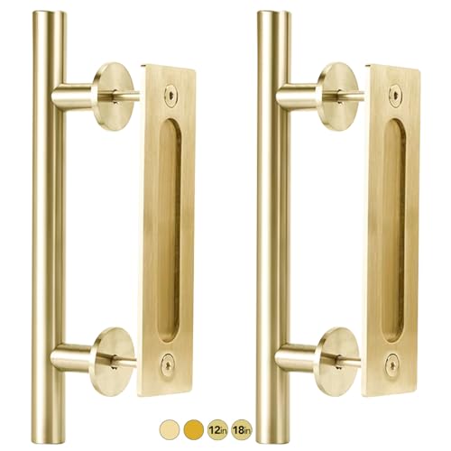 Rio Salto 12-Inch Brushed Brass Gold Barn Door Handle Kit, Closet Door Handle Solid Aluminun, Pull Handle and Flush Handle Set, Heavy Duty Large Sliding Door Handles (2-Door Pack) - Image 1