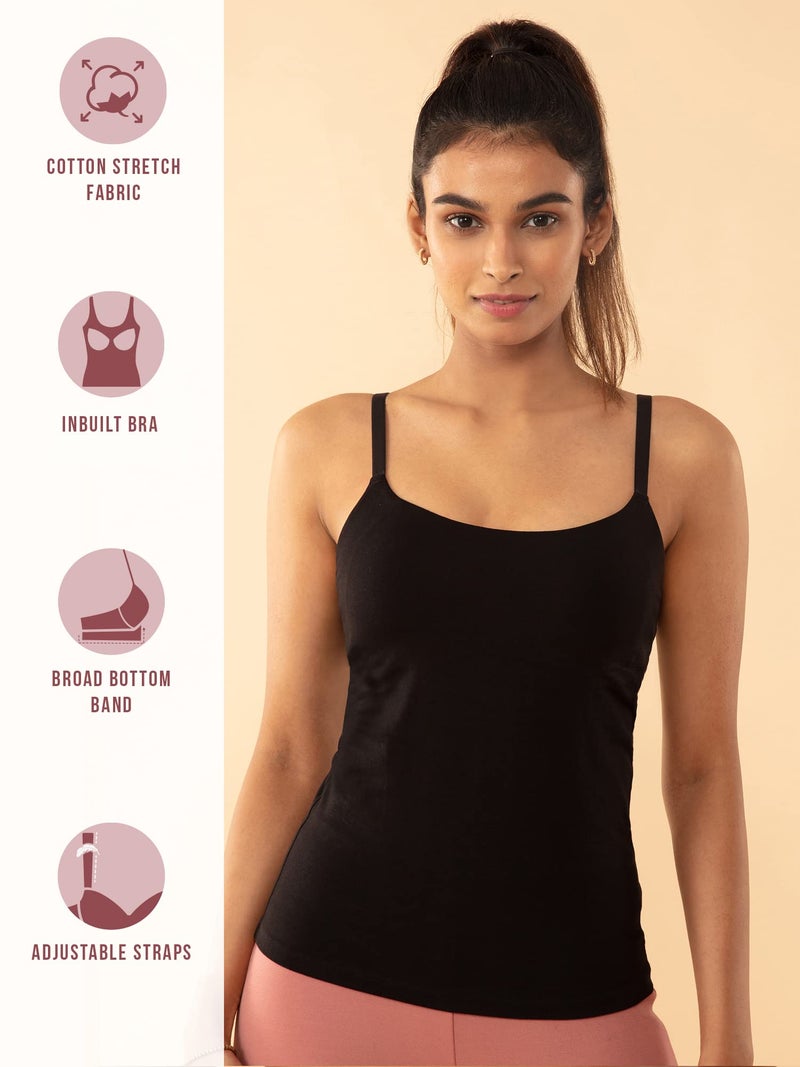 NYKD Cotton Everyday Bramisole for Women - Camisole with in-Built Bra, Padded & Moulded Cups, Adjustable Straps Bramisole, NYC003, Black, S, 1N - Image 2