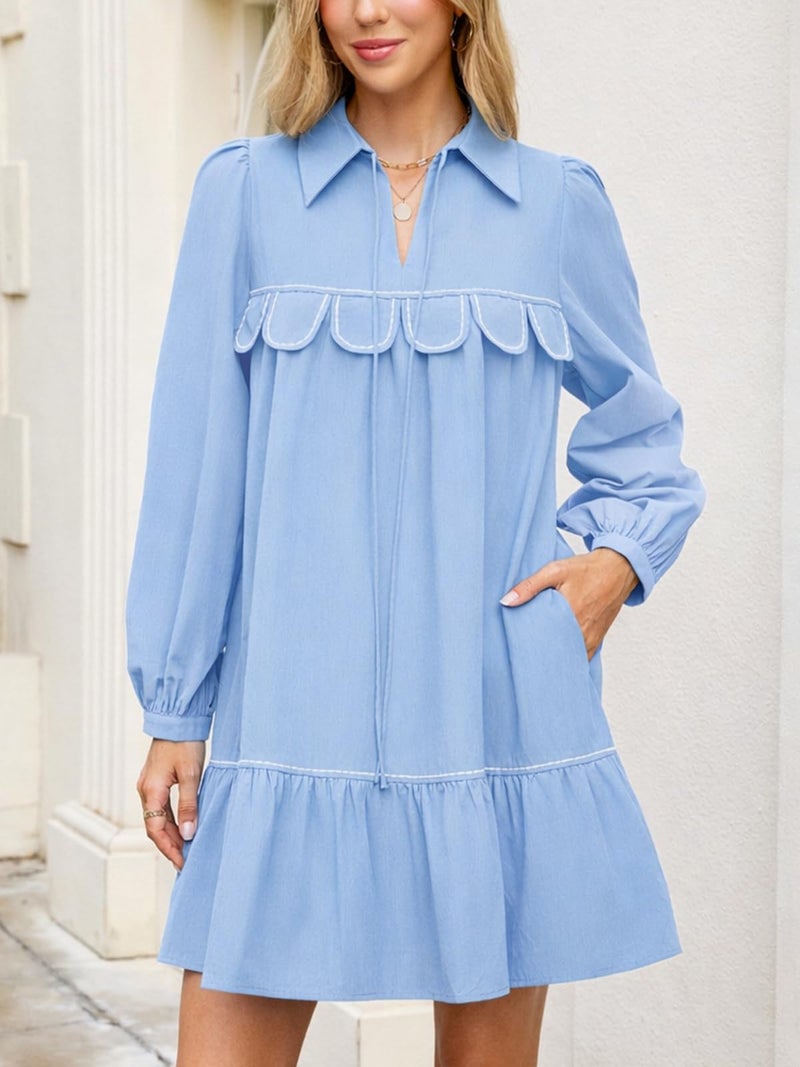 YEXPINE Women’s Long Sleeve Mini Dress Loose Fit Collared Casual Dress Ruffle Hem Elegant Shift Dress Blue - Image 3