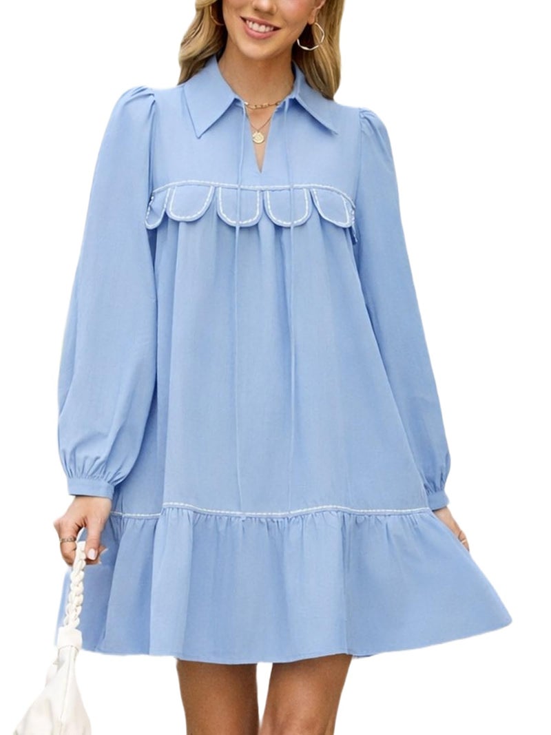 YEXPINE Women’s Long Sleeve Mini Dress Loose Fit Collared Casual Dress Ruffle Hem Elegant Shift Dress Blue - Image 1