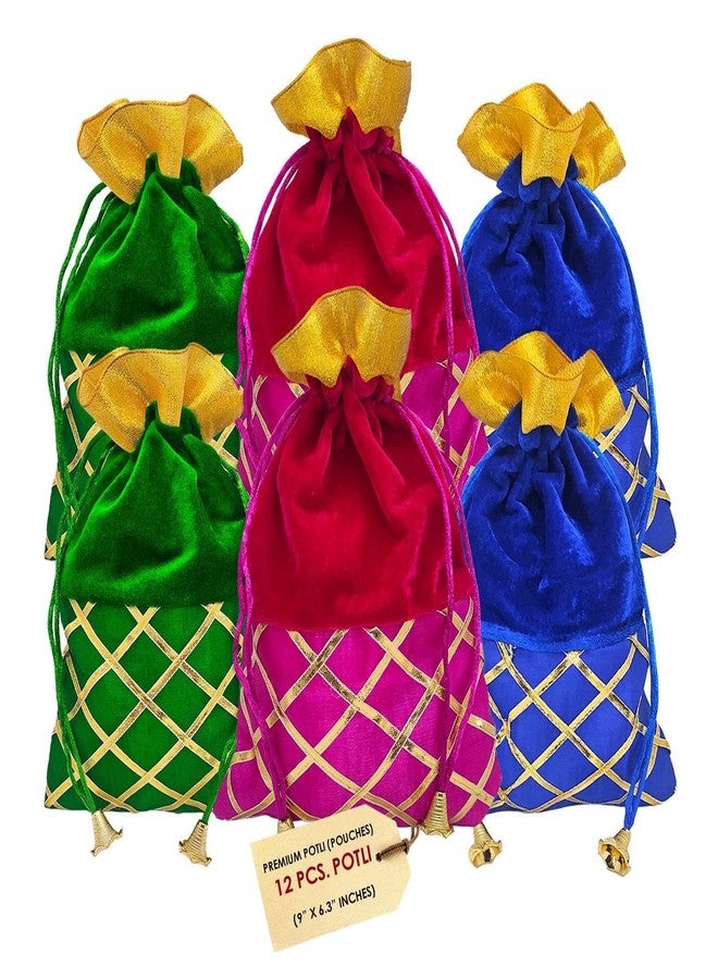 SATVIK Valvet Big Size Designer Potli, Dry Fruit Diwali Gift Packaging Bag Handmade Premium Fabric With Random Design Indian Housewarming Return Gift Items Bulk (Set Of 12),Multi - Image 1