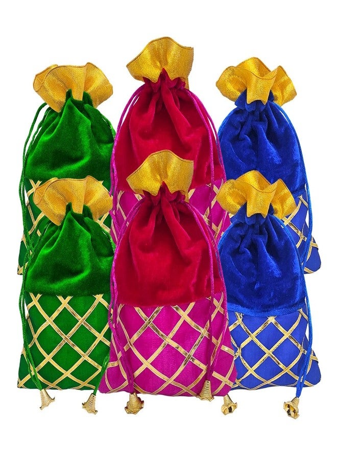 SATVIK Valvet Big Size Designer Potli, Dry Fruit Diwali Gift Packaging Bag Handmade Premium Fabric With Random Design Indian Housewarming Return Gift Items Bulk (Set Of 12),Multi - Image 5