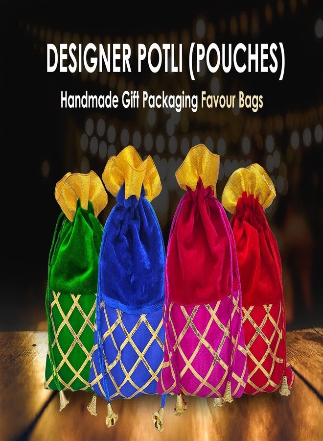 SATVIK Valvet Big Size Designer Potli, Dry Fruit Diwali Gift Packaging Bag Handmade Premium Fabric With Random Design Indian Housewarming Return Gift Items Bulk (Set Of 12),Multi - Image 4