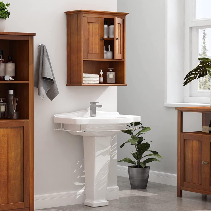 Treocho Wood Wall Cabinet, Bathroom Medicine Cabinet Storage with Doors and Adjustable Shelf, Rustic Cabinet Wall Mounted for Bathroom, Livingroom, Kitchen, Cupboard, Reddish Brown - Image 3