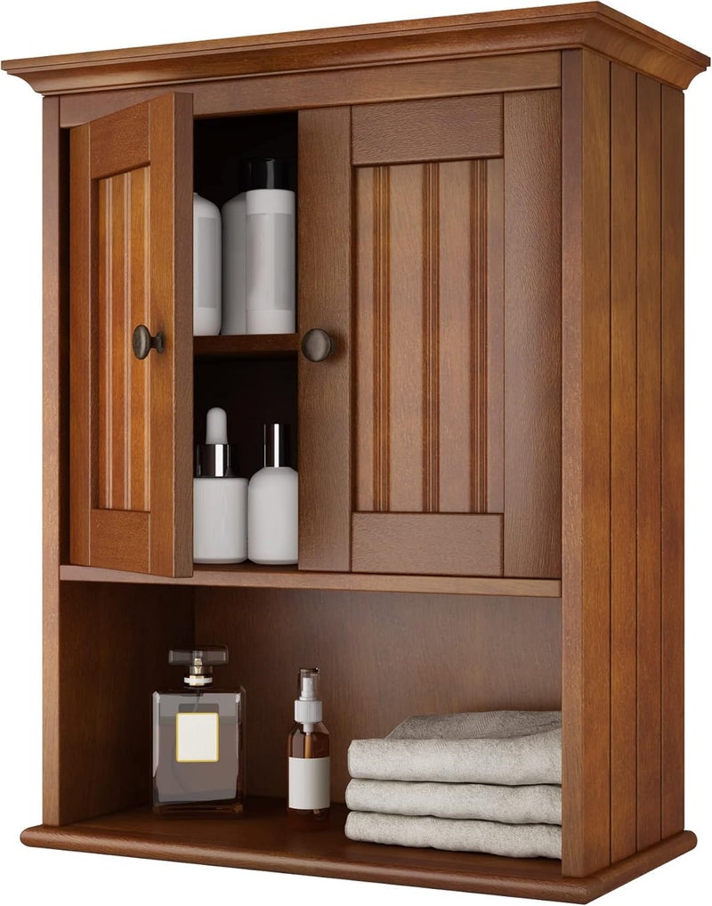 Treocho Wood Wall Cabinet, Bathroom Medicine Cabinet Storage with Doors and Adjustable Shelf, Rustic Cabinet Wall Mounted for Bathroom, Livingroom, Kitchen, Cupboard, Reddish Brown - Image 1