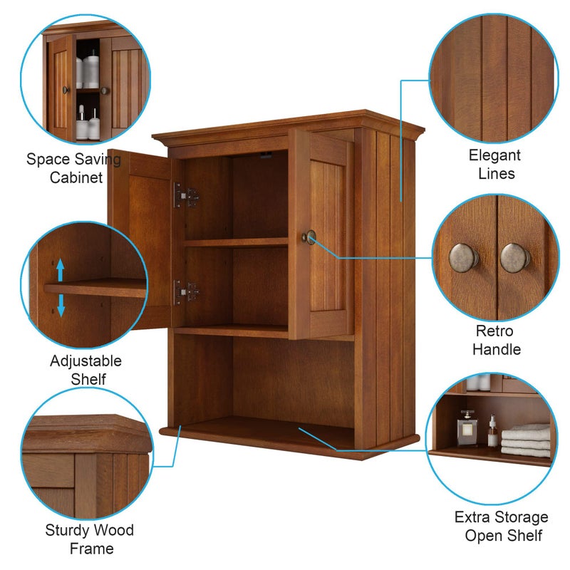 Treocho Wood Wall Cabinet, Bathroom Medicine Cabinet Storage with Doors and Adjustable Shelf, Rustic Cabinet Wall Mounted for Bathroom, Livingroom, Kitchen, Cupboard, Reddish Brown - Image 4