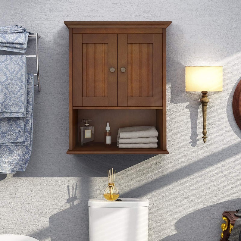 Treocho Wood Wall Cabinet, Bathroom Medicine Cabinet Storage with Doors and Adjustable Shelf, Rustic Cabinet Wall Mounted for Bathroom, Livingroom, Kitchen, Cupboard, Reddish Brown - Image 2