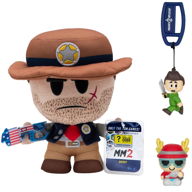 DevSeries Murder Mystery 2 Collector Bundle  Three Exclusive Virtual Item Codes with Sheriff Plush Nikilis Squooshems and Running Victor Hanger - Image 3