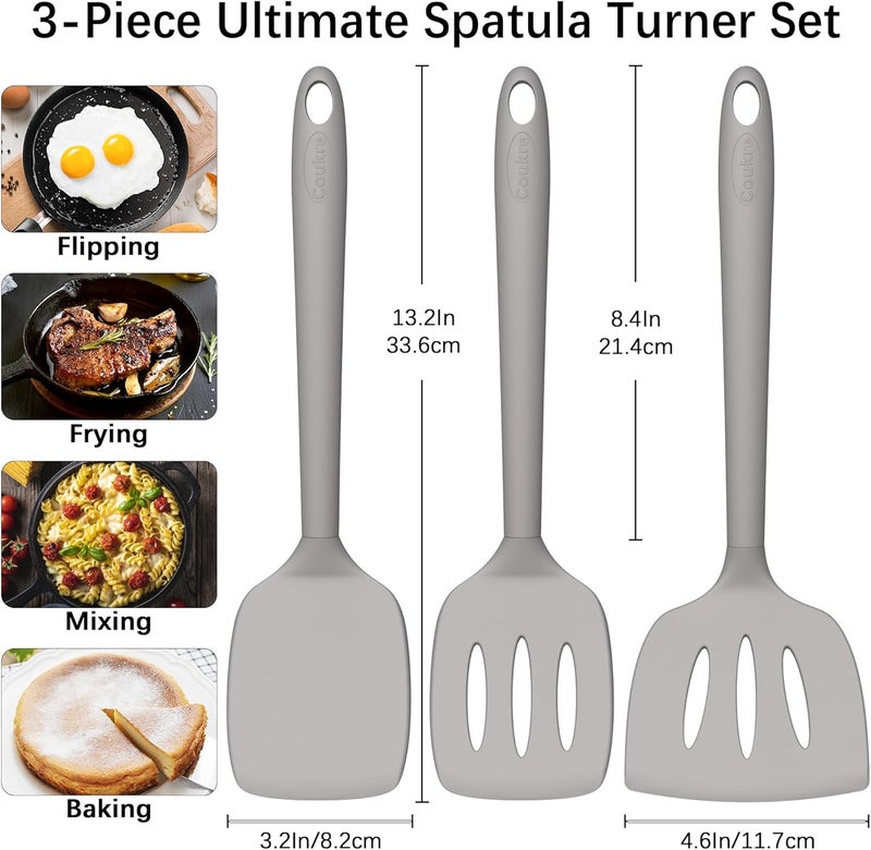 Coukre 3 Pack Silicone Spatula Set, High Heat Resistant, BPA-Free, Fish Spatula, Solid & Slotted Turner for Non-Stick Pans, Flipping Eggs, Pancakes, Fish, Burgers (3, PureGray) - Image 2