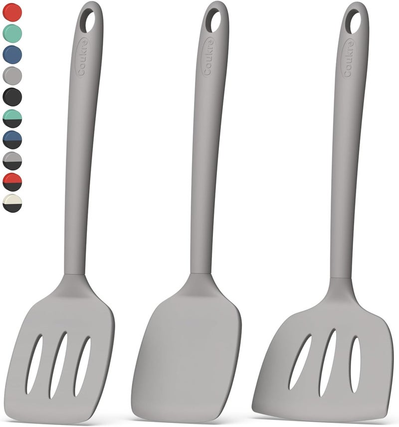 Coukre 3 Pack Silicone Spatula Set, High Heat Resistant, BPA-Free, Fish Spatula, Solid & Slotted Turner for Non-Stick Pans, Flipping Eggs, Pancakes, Fish, Burgers (3, PureGray) - Image 1