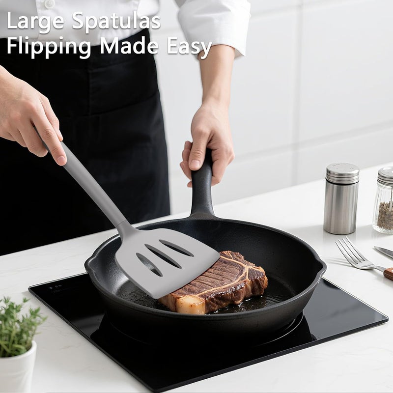 Coukre 3 Pack Silicone Spatula Set, High Heat Resistant, BPA-Free, Fish Spatula, Solid & Slotted Turner for Non-Stick Pans, Flipping Eggs, Pancakes, Fish, Burgers (3, PureGray) - Image 3