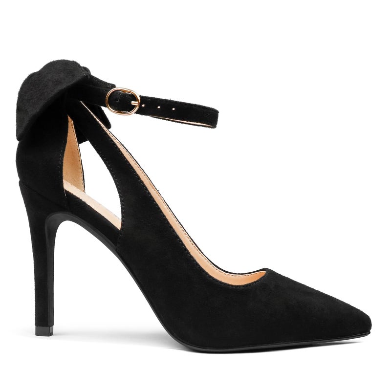 COLETER Womens Bow Knot High Heels Pointed Toe Stiletto Ankle Strap D'Orsay Pumps Bow Evening Dress Shoes Suede Black 10US - Image 5