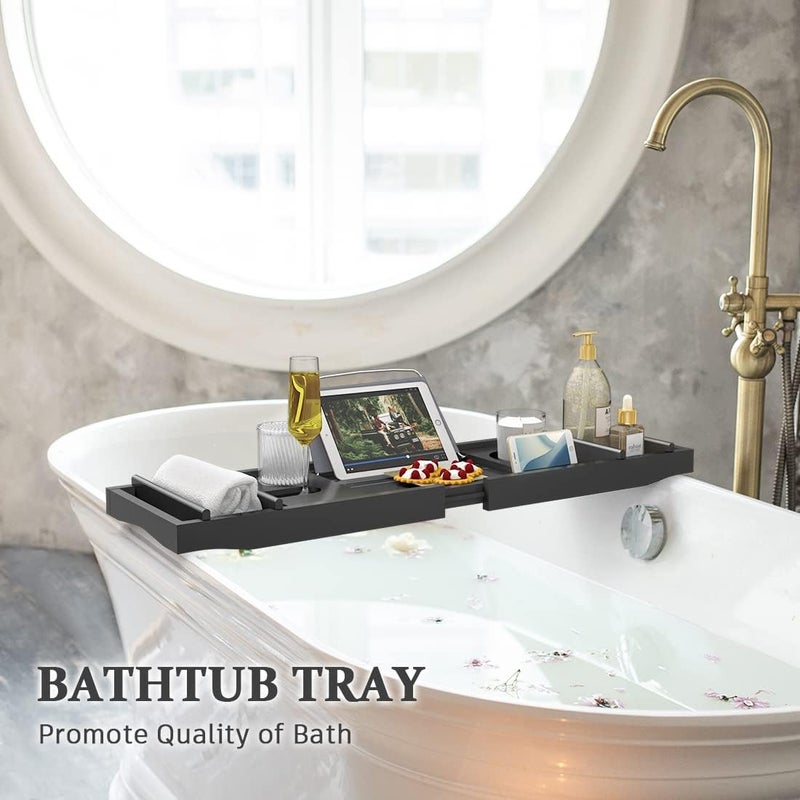 Bamfan Bath Caddy Tray for Bathtub - Bamboo Adjustable Organizer Tray for Bathroom with Free Soap Dish Suitable for Luxury Spa or Reading(Black) - Image 5