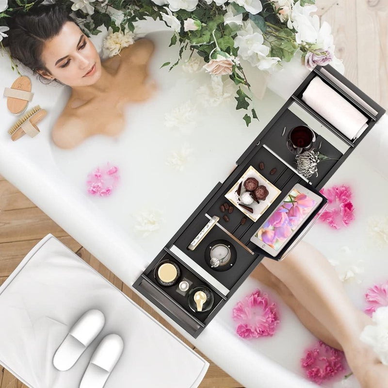 Bamfan Bath Caddy Tray for Bathtub - Bamboo Adjustable Organizer Tray for Bathroom with Free Soap Dish Suitable for Luxury Spa or Reading(Black) - Image 3