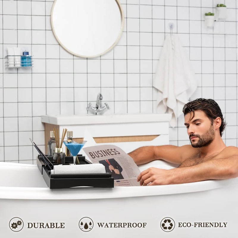 Bamfan Bath Caddy Tray for Bathtub - Bamboo Adjustable Organizer Tray for Bathroom with Free Soap Dish Suitable for Luxury Spa or Reading(Black) - Image 4