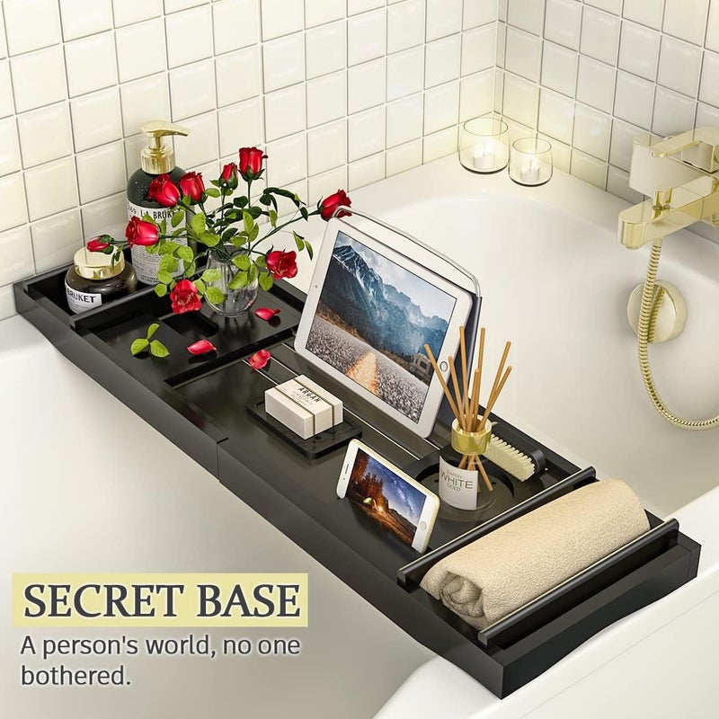 Bamfan Bath Caddy Tray for Bathtub - Bamboo Adjustable Organizer Tray for Bathroom with Free Soap Dish Suitable for Luxury Spa or Reading(Black) - Image 2