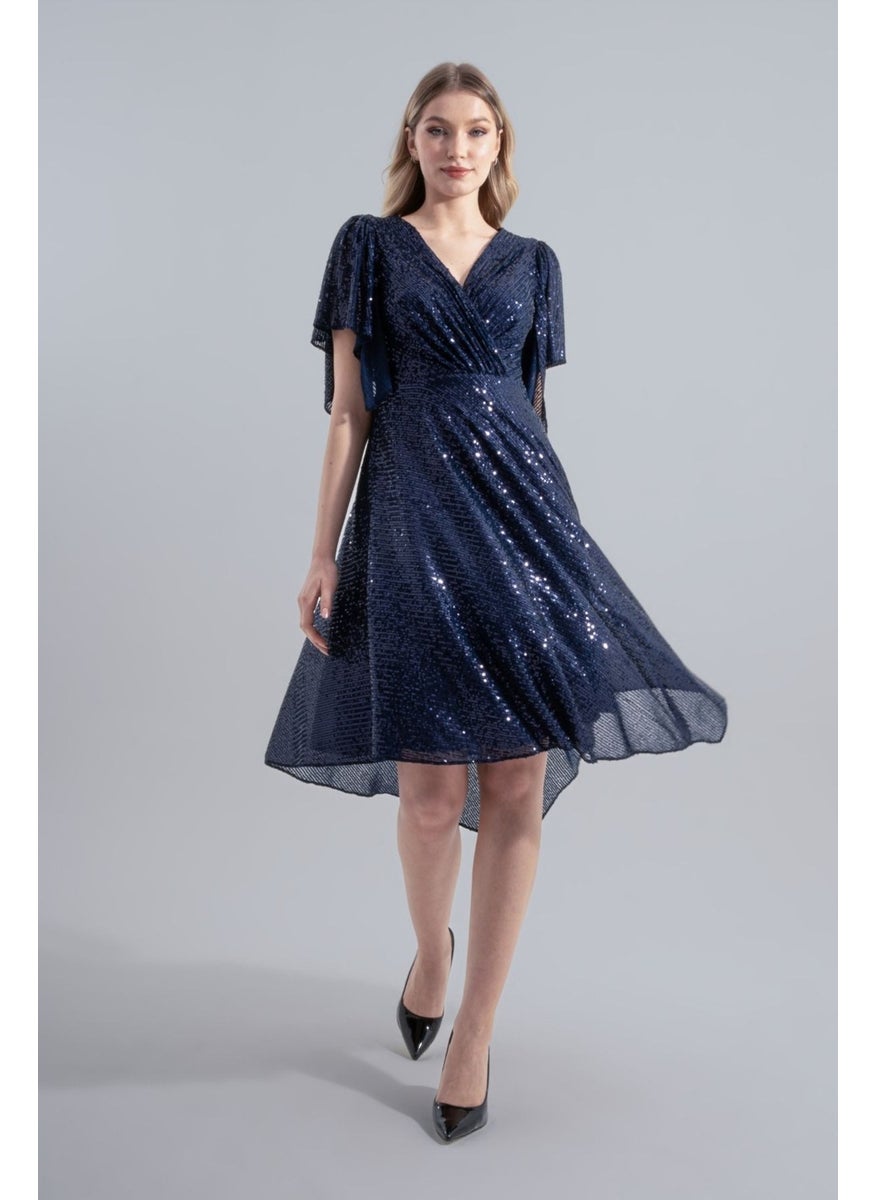 HOX'S - Angel | Sequined Midi Flared Evening Dress Double Breasted Neck Handkerchief Sleeve Asymmetrical Skirt - Navy Blue - Image 1
