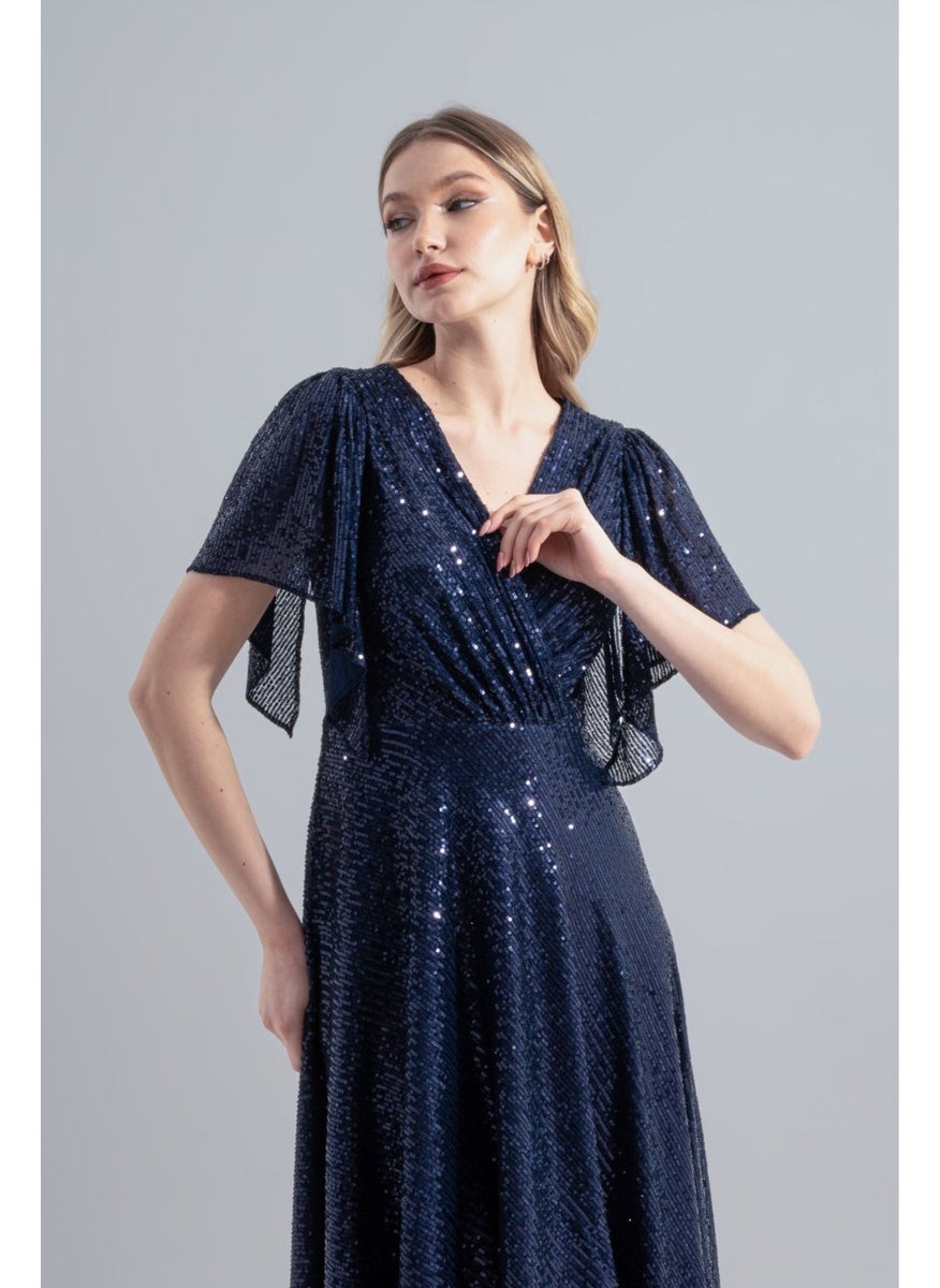 HOX'S - Angel | Sequined Midi Flared Evening Dress Double Breasted Neck Handkerchief Sleeve Asymmetrical Skirt - Navy Blue - Image 1